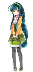  1girl absurdres ahoge bag black_pantyhose blunt_bangs blunt_sidelocks blush braid buttons collared_shirt edomura_niniko flying_sweatdrops frilled_jacket frills full_body green_hair green_hairband green_skirt grey_shoes hairband handbag highres holding holding_bag jacket layered_sleeves long_hair long_sleeves looking_at_viewer official_art open_clothes open_jacket orange_jacket pantyhose pleated_skirt rounded_collar shirt shoes sidelocks simple_background single_braid skirt smile solo standing touhoku_zunko transparent_background very_long_hair voiceroid white_shirt 