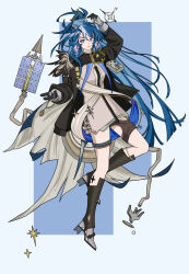  1girl absurdres arknights astgenne_(arknights) astgenne_the_lightchaser_(arknights) black_jacket blue_eyes blue_hair boots chinese_commentary commentary_request dress full_body goggles goggles_on_head grey_dress highres hulu_maobing infection_monitor_(arknights) jacket knee_boots long_hair long_sleeves open_clothes open_jacket ponytail simple_background smile 
