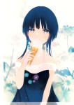  1girl bangs bare_shoulders beige_eyes blue_eyes blue_hair blunt_bangs collarbone cube dress eating floral_print flower food head_tilt heterochromia holding_food ice_cream ice_cream_cone looking_at_viewer lp_(hamasa00) original plant short_hair simple_background sleeveless sleeveless_dress solo tareme upper_body white_background 