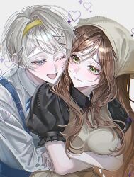  2girls absurdres axis_powers_hetalia blue_eyes blush brown_hair cheek_press commentary_request couple crossed_arms dress green_eyes headband headscarf heart highres hug hug_from_behind hungary_(hetalia) light_smile long_hair multiple_girls overalls shirt short_hair size_difference ukraine_(hetalia) white_hair white_shirt yfw1t yuri 