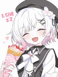  1girl ^_^ amiamzk827 beret black_choker black_coat black_hat character_name choker closed_eyes coat collared_coat commentary crepe dated dot_nose fang flower food gradient_hair hair_flower hair_ornament happy_birthday hat hat_flower hat_ribbon heart holding holding_crepe holding_food long_sleeves looking_at_viewer mahou_shoujo_no_majo_saiban multicolored_hair neck_ribbon pink_hair ribbon sakuraba_ema shirt short_hair simple_background skin_fang sleeveless sleeveless_coat solo untranslatable_commentary upper_body white_background white_flower white_hair white_ribbon white_shirt white_sleeves x_hair_ornament 