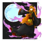  1girl animal_print black_dress blank_stare breasts chinese_clothes crying dress energy fox_tail full_body full_moon hat highres junko_(touhou) kan_(aaaaari35) long_hair moon multiple_tails obi open_hand orange_hair outstretched_arm parted_lips reaching red_eyes sash shaded_face shiny shiny_hair solo space streaming_tears tabard tail tears touhou very_long_hair 