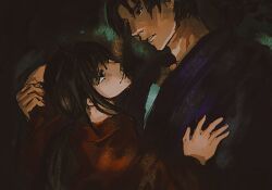  2boys ahoge ashashio bishounen blue_kimono brown_hair chest_sarashi choppy_bangs commentary_request curtained_hair dark_background eye_contact face-to-face floral_print floral_print_kimono hanachirasu hand_on_another's_chest height_difference highres holding_another's_wrist igarasu_yoshia japanese_clothes kimono long_hair looking_at_another looking_down looking_up low_ponytail male_focus middle_part multiple_boys painterly ponytail print_kimono red_kimono sarashi short_hair sidelocks takeda_akane unkempt 