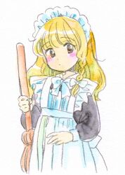  1girl apron black_dress blonde_hair blush bow bowtie braid broom brown_eyes commentary_request cowboy_shot dress hair_bow highres holding holding_broom kirisame_marisa long_hair long_sleeves maid_apron maid_headdress muzukite single_braided_sidelock sketch solo touhou traditional_media white_background white_bow white_bowtie 