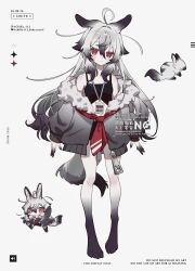  1girl absurdres ahoge animal_ears animal_feet barefoot black_shorts black_tank_top cardigan chibi chibi_inset chilfa_112 collarbone_peek colored_extremities commentary creature digitigrade full_body fur_trim gradient_hair grey_eyes hair_between_eyes hair_flaps highres light_blush long_hair looking_at_viewer multicolored_hair neckerchief off_shoulder open_cardigan open_clothes original pawpads rabbit_ears rabbit_girl rabbit_wolf_(chilfa_112) red_neckerchief red_pupils shorts symbol-shaped_pupils tail tank_top untranslatable_commentary white_background white_hair wolf_girl wolf_tail x-shaped_pupils 