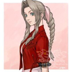  1girl 5tatsu aerith_gainsborough braid braided_ponytail brown_hair closed_mouth commentary_request drill_hair drill_sidelocks final_fantasy final_fantasy_vii final_fantasy_vii_remake green_eyes hair_ribbon highres jacket long_hair open_clothes open_jacket outside_border parted_bangs pink_background pink_ribbon ponytail red_jacket ribbon short_sleeves sidelocks signature solo upper_body watermark 
