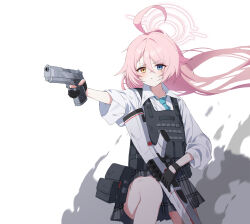  1girl absurdres black_gloves blue_archive blue_eyes blue_necktie bulletproof_vest collared_shirt commentary gadeung_hye gloves grey_skirt gun hair_between_eyes halo handgun highres holding holding_gun holding_weapon hoshino_(armed)_(blue_archive) hoshino_(blue_archive) long_hair necktie partially_fingerless_gloves pink_hair pink_halo plaid_clothes plaid_skirt shirt shotgun skirt solo very_long_hair weapon white_shirt yellow_eyes 