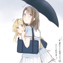  2girls bag bang_dream! bang_dream!_girls_band_party! black_hair blonde_hair blue_bag blue_eyes blue_shirt commentary_request cowboy_shot from_behind hanasakigawa_school_uniform highres holding holding_umbrella long_hair medium_hair miniskirt multiple_girls okusawa_misaki open_mouth pleated_skirt rain sailor_collar school_bag school_uniform shared_umbrella shirt skirt succhii_(pikaru) summer_uniform tsurumaki_kokoro umbrella white_sailor_collar white_skirt yellow_eyes 