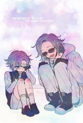  2boys :d aged_down aotsuki_eito black_gloves black_shoes black_sweater_vest bruise bruise_on_knee bruise_on_leg crying crying_with_eyes_open dual_persona english_text glasses gloves grey_eyes grey_hair injury jacket laaaicha looking_at_another male_focus multiple_boys pants shirt shoes short_hair shorts smile socks squatting sunglasses sweater_vest tears the_hundred_line_-last_defense_academy- twitter_username watermark white_jacket white_pants white_shirt white_shorts white_socks 