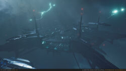  3d absurdres artist_name autodesk_3ds_max_(medium) battleship_(eve_online) blue_theme building commentary drifters_(eve_online) electricity email_address english_commentary english_text eve:_valkyrie eve_online glowing highres lightning military_vehicle neil_gowland official_art outdoors radio_antenna realistic scenery science_fiction space space_station spacecraft star_(sky) starry_sky_background unreal_engine_(medium) web_address 