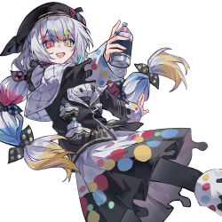  1girl :d absurdres beret black_hat black_pantyhose black_skirt bow code_(xhs_3703633889) colored_tips dutch_angle feet_out_of_frame hair_bow hat heterochromia highres holding holding_spray_can jogasaki_noah long_hair long_sleeves looking_at_viewer mahou_shoujo_no_majo_saiban multi-tied_hair multicolored_hair open_mouth pantyhose polka_dot polka_dot_bow polka_dot_skirt red_eyes shirt simple_background skirt smile solo spray_can streaked_hair very_long_hair white_background white_hair white_shirt yellow_eyes 