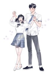  1boy 1girl ^_^ black_hair black_shoes blue_skirt bracelet character_request check_copyright closed_eyes closed_mouth commentary_request copyright_request extraordinary_you floral_background full_body grey_pants height_difference hetero holding_hands jewelry korean_commentary let_ink long_hair necktie open_mouth pale_skin pants plaid_clothes plaid_necktie plaid_skirt shirt shoes short_hair skirt smile white_shirt white_shoes 