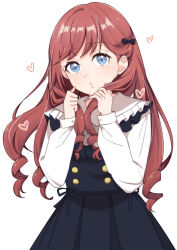  1girl absurdres alternate_costume black_dress collared_shirt commentary dress frilled_dress frilled_shirt_collar frills harukawa_inoki highres holding_own_hair kinjo_maika long_hair long_sleeves love_live! love_live!_hasu_no_sora_jogakuin_school_idol_club multiple_drills pinafore_dress puckered_lips red_hair shirt simple_background sleeveless sleeveless_dress solo white_background white_shirt 