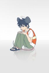  1boy animal_ears black_eyes black_hair false_memory fengtoumaiji green_pants grey_background guan_chao_(false_memory) halo high-visibility_clothing high-visibility_vest highres hugging_own_legs id_card knees_up male_focus mouse_boy mouse_ears mouse_tail pants reflection sandals shirt short_sleeves simple_background sitting slides tail tear_troughs vest white_background white_shirt 