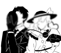  1boy 1girl absurdres buttons censored censored_identity collared_shirt commentary diamond_button english_commentary frilled_shirt_collar frilled_sleeves frills gloves greyscale hand_up hat heart heart_of_string highres holding holding_mask jacket komeiji_koishi lapels library_of_ruina mask monochrome notched_lapels project_moon ratbuchet roland_(project_moon) shirt suit touhou trait_connection 