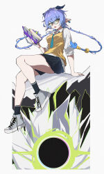 1girl animal_ears black_skirt black_socks blue_hair blue_necktie book braid braided_twintails brown_cardigan cardigan commentary crossed_bangs english_commentary glasses goat_ears goat_girl goat_horns goat_tail green_eyes grey_shoes hair_between_eyes highres holding holding_book horns long_hair lucia_elowen necktie postalworks school_uniform shirt shoes sitting skirt smile socks solo tail white_background white_shirt zenless_zone_zero 