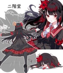  1girl armband black_capelet black_hair black_pantyhose black_shirt black_shoes black_skirt capelet closed_mouth collared_shirt crown dot_nose fallen_down flower furrowed_brow gloves hair_flower hair_ornament layered_skirt long_hair long_skirt long_sleeves looking_at_viewer mahou_shoujo_no_majo_saiban mini_crown multiple_views necktie nikaido_hiro outline overskirt pantyhose plaid_clothes plaid_necktie plaid_skirt pleated_skirt red_armband red_eyes red_flower red_necktie red_skirt shirt shoes side_capelet skirt skt_(ryxxxxx) tearing_up translation_request v-shaped_eyebrows white_gloves white_outline white_shirt 