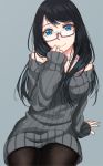  1girl black_hair blue_eyes glasses highres long_hair mole mole_under_eye pantyhose saitou_(lynx-shrike) smile solo sweater 