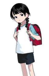  1girl backpack bag black_eyes black_hair black_shorts braid child feet_out_of_frame gosari_draw highres holding_strap looking_at_viewer original raglan_sleeves randoseru red_bag shirt short_sleeves shorts simple_background solo standing t-shirt twin_braids white_background white_shirt 