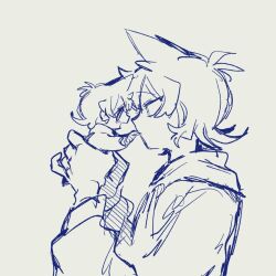  2boys :d androgynous animification commentary dual_persona eddsworld eye_contact hair_behind_ear hair_ears highres holding holding_mini_person hood hood_down hoodie kil_(vs_kil) long_sleeves looking_at_another male_focus mini_person miniboy monochrome multiple_boys profile short_hair simple_background sketch smile tord_(eddsworld) upper_body white_background 