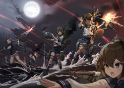  adapted_turret asashio_(kancolle) commentary_request explosion fairy_(kancolle) fubuki_(kancolle) full_body full_moon glaive_(polearm) highres ikazuchi_(kancolle) kantai_collection korean_commentary moon night osananajimi_neko pleated_skirt polearm rigging sailor_collar sailor_shirt samidare_(kancolle) school_uniform serafuku shirayuki_(kancolle) shirt skirt tatsuta_(kancolle) torpedo_launcher water waves weapon 