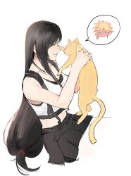  1boy 1girl absurdres animal animalization bare_arms bare_shoulders black_hair black_skirt blonde_hair blue_eyes blush cat closed_eyes closed_mouth cloud_strife commentary crop_top final_fantasy final_fantasy_vii final_fantasy_vii_remake from_side full-face_blush hetero highres holding holding_animal long_hair low-tied_long_hair midriff navel sitting skirt smile spiky_hair suspender_skirt suspenders tank_top tifa_lockhart untranslatable_commentary wa6gma white_background white_tank_top yellow_fur 