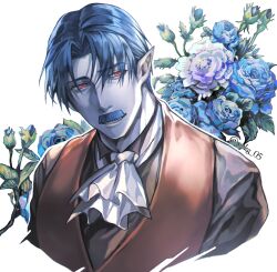  1boy ascot blue_flower blue_hair blue_rose brown_vest commentary_request flower highres kyuuketsuki_sugu_shinu male_focus mature_male mtkg_05 nosudin pointy_ears red_eyes rose short_hair simple_background solo twitter_username upper_body vest white_ascot white_background 