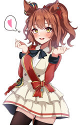  1girl animal_ears aston_machan_(flare)_(umamusume) aston_machan_(umamusume) black_bow black_bowtie black_thighhighs blush bow bowtie breasts brown_hair collared_shirt commentary_request conana_716 crown green_eyes hair_ornament heart horse_ears horse_girl jacket large_breasts long_sleeves looking_at_viewer mini_crown open_mouth red_sash red_scrunchie red_sleeves sash scrunchie shirt shoulder_sash skirt smile solo spoken_heart thigh-highs tilted_headwear umamusume white_jacket white_shirt white_skirt 