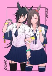 2girls absurdres air_groove_(umamusume) air_shakur_(umamusume) alternate_costume animal_ears bag black_choker black_hair black_thighhighs blue_bow blue_bowtie blue_thighhighs bow bowtie brown_hair choker collared_shirt commentary cropped_legs ear_scrunchie earrings eyebrow_piercing face_piercing garter_straps highres holding holding_phone horse_ears horse_girl jewelry locked_arms long_hair multiple_girls pappi phone piercing pink_background pleated_skirt school_bag school_uniform shirt short_sleeves skirt thigh-highs umamusume violet_eyes white_shirt wristband yellow_eyes 