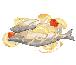  chinese_commentary commentary_request fish_(food) food food_focus fruit lemon lemon_slice no_humans original simple_background tomato white_background you_er_meng_qu_bu_chu_ming_zi_le 