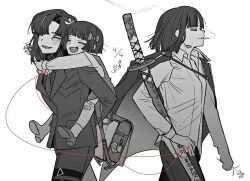  2girls aged_down araya_(project_moon) backpack bag black_hair black_pants carrying coat coat_on_shoulders commentary_request e.g.o_(project_moon) holding holding_sword holding_weapon katana limbus_company mother_and_child mother_and_daughter multicolored_hair multiple_girls necktie pants parent_and_child piggyback project_moon randoseru renketsuen_(e.g.o) ryoshu_(project_moon) shirt short_hair smoke smoke_trail smoking streaked_hair string string_of_fate suit sword tama_launcher weapon white_shirt 