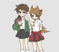 2girls :3 alternate_costume animification antenna_hair arm_rest bandage_on_cheek bandage_on_leg bandaged_hand bandages bandaid bandaid_on_leg black_eyes black_skirt brown_hair cardigan clothes_around_waist collared_shirt commentary cowboy_shot eddsworld ell_(eddsworld) flipped_hair green_cardigan grey_background gyaru hair_bobbles hair_ears hair_ornament highres holding holding_sketchbook jitome kogal long_hair long_sleeves looking_at_viewer low_ponytail multiple_girls open_cardigan open_clothes open_mouth pleated_skirt ponytail red_cardigan ruo_oooc school_uniform shirt short_sleeves simple_background sketchbook skirt smile smug socks standing tori_(eddsworld) very_long_hair white_shirt white_socks 