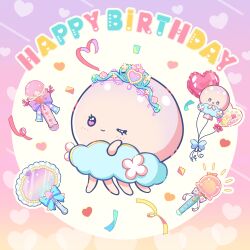  ;) absurdres balloon character_balloon commentary_request confetti hand_mirror happy_birthday haru_(haruxxe) heart heart_balloon heart_in_eye highres iriam microphone mirror no_humans one_eye_closed second-party_source smile streamers symbol_in_eye tiara yuramii_(iriam) 