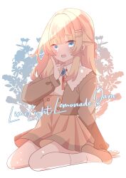  1girl 9ra4ki33 :d absurdres blonde_hair blunt_bangs blush brown_jacket brown_shoes brown_skirt buttons collared_shirt commentary_request copyright_name double-breasted eyes_visible_through_hair full_body hair_bun hair_ornament hairclip half_updo hand_up high-waist_skirt highres index_finger_raised jacket kneehighs limelight_lemonade_jam loafers long_hair long_sleeves neck_ribbon open_clothes open_jacket open_mouth outline parallel_hairclips pleated_skirt red_ribbon ribbon school_uniform shimakoshi_tsukimi shirt shoes sidelocks simple_background single_hair_bun sitting skirt smile socks solo teeth thick_eyebrows upper_teeth_only wariza white_background white_outline white_shirt white_socks 