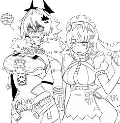  2girls alienwacc caesar_king_(zenless_zone_zero) candy clenched_teeth commentary ellen_joe english_commentary fins fish_tail food holding holding_candy holding_food holding_lollipop lollipop maid_headdress monochrome multiple_girls nervous_sweating scared shaded_face shark_girl shark_tail sweat tail teeth zenless_zone_zero 