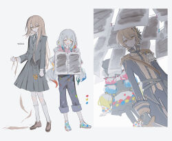  2girls :d ^_^ aiguillette belt beret black_coat black_gloves black_hat black_jacket black_overalls black_pants black_pantyhose blonde_hair bow closed_eyes closed_mouth coat colored_tips commentary curtained_hair diamond_hair_ornament epaulettes gloves hair_between_eyes hair_bow hair_ornament hasumi_leia hat high_collar highres holding holding_scissors holding_sketchbook holding_sword holding_weapon inagoinaire jacket jogasaki_noah long_hair long_sleeves mahou_shoujo_no_majo_saiban multi-tied_hair multicolored_hair multiple_girls open_mouth overalls paint_splatter pants pantyhose pink_shirt polka_dot polka_dot_bow polka_dot_skirt ribbon sash scissors shirt short_hair shoulder_sash simple_background sketchbook skirt smile spoilers streaked_hair sword untranslatable_commentary weapon white_background white_hair yellow_eyes 