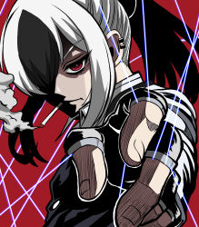  1girl absurdres alternate_costume black_hair black_vest blue_archive cigarette closed_mouth commentary_request cosplay from_side hair_between_eyes hellsing highres kayoko_(blue_archive) looking_at_viewer multicolored_hair ponytail portrait rakku_(10219563) red_background red_eyes shade shirt simple_background smoking solo thread two-tone_hair vest walter_c._dornez walter_c._dornez_(cosplay) white_hair white_shirt 
