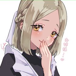  1girl artist_name braid brown_eyes commentary_request grey_hair half_up_braid hand_to_own_mouth kimi_no_koto_ga_dai_dai_dai_dai_daisuki_na_100-nin_no_kanojo looking_at_viewer maid medium_hair meido_mai parted_bangs portrait signature simple_background smile solo syuuka617 translated white_background 
