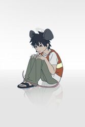  1boy animal_ears black_eyes black_hair chinese_commentary commentary_request false_memory fengtoumaiji green_pants grey_background guan_chao_(false_memory) halo high-visibility_clothing high-visibility_vest highres hugging_own_legs id_card knees_up male_focus mouse_boy mouse_ears mouse_tail pants reflection sandals shirt short_sleeves simple_background sitting slides tail tear_troughs vest white_background white_shirt 