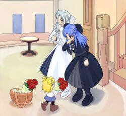  3girls birthday black_bow black_dress black_shoes blue_hair blush bow brown_shoes capelet dress flower fur-trimmed_capelet fur_trim hair_bow half_updo happy_birthday len_(tsukihime) lenuser long_hair long_sleeves multiple_girls neco-arc neco_spirit pointy_ears red_eyes ribbon rose shoes skirt thigh-highs tsukihime white_bow white_capelet white_hair white_len_(tsukihime) white_shoes 