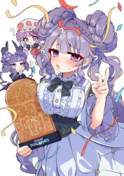  ? absurdres angel angel_and_devil angello_vaalmonica black_corset c_civciv corset dimonno_vaalmonica donut_hair_bun double_bun dress drill_hair duel_monster hair_bun highres mini_person purple_hair selettrice_vaalmonica shoulder_angel shoulder_devil twin_drills white_dress yu-gi-oh! 