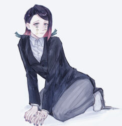  1boy absurdres aqua_eyes aqua_hair black_hair black_jacket closed_mouth commentary_request demon_boy enmu_(kimetsu_no_yaiba) extra_mouth facial_mark hand_mouth highres jacket kimetsu_no_yaiba kotomaruqwq red_hair shirt simple_background solo symbol-shaped_pupils white_background white_shirt 