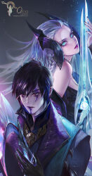  1boy 1girl alune_(league) aphelios_(league) bare_shoulders black_hair blue_eyes brother_and_sister coat facial_tattoo gloves glowing gun high_collar highres holding jewelry league_of_legends light_particles lip_balm long_hair long_sleeves looking_at_viewer nail_polish necklace oreki_genya red_eyes short_hair siblings tattoo weapon white_hair 