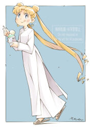 1girl ao_dai bishoujo_senshi_sailor_moon blonde_hair blue_background blue_eyes commentary_request double_bun earrings food hair_bun highres holding holding_food holding_ice_cream ice_cream jewelry long_hair pants sandals sekihan tongue tsukino_usagi twintails white_pants 