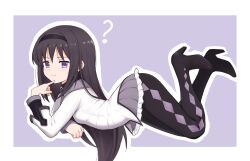  1girl ? absurdres akemi_homura akemi_homura_(magical_girl) andreypavlow arched_back argyle_clothes argyle_pantyhose black_hair black_hairband black_pantyhose black_shirt border breasts capelet choppy_bangs collared_shirt commentary commission english_commentary finger_to_mouth frilled_skirt frills full_body hairband high_heels highres long_hair long_sleeves mahou_shoujo_madoka_magica mahou_shoujo_madoka_magica_(anime) outline pantyhose pleated_skirt purple_background purple_capelet purple_skirt shirt skirt small_breasts solo stiletto_heels vest violet_eyes white_border white_outline white_vest wing_collar 