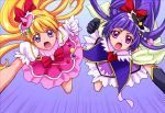  2girls :o asahina_mirai black_gloves black_hat blonde_hair blue_background bow clenched_hand cure_magical cure_miracle gem gloves gradient gradient_background hair_bow hairband hat izayoi_liko long_hair magical_girl mahou_girls_precure! mini_hat mini_witch_hat motion_lines multiple_girls open_mouth pink_hat pink_skirt precure puffy_sleeves purple_background purple_hair purple_skirt red_bow sca_jam skirt symmetry violet_eyes white_gloves witch_hat 