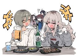  >_< +++ 5girls :d ^_^ absurdres alcohol awa_subaru beer beer_mug blush blush_stickers bottle brown_hair chopsticks closed_eyes commentary_request cup dark-skinned_female dark_skin double-parted_bangs drunk eating ebizuka_tomo food full-face_blush girls_band_cry grey_hair grey_hoodie hair_between_eyes hair_over_one_eye highres holding holding_bottle holding_cup hood hoodie iseri_nina kawaragi_momoka long_hair mug multicolored_hair multiple_girls open_mouth parted_bangs ribbed_sweater roots_(hair) rupa_(girls_band_cry) sake_bottle short_hair shout_lines sidelocks smile sweater swept_bangs togenashi_togeari translation_request twintails white_sweater wujurana xd yakitori 