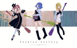  3girls bag bare_shoulders black_thighhighs blonde_hair blue_eyes blue_hair boots broom detached_collar dress elbow_gloves full_body gloves goroku hair_ornament hat high_heels highres holding holding_broom looking_at_viewer multiple_girls original pantyhose pencil_dress pink_eyes pink_hair red_eyes short_hair shoulder_bag sidelocks spaghetti_strap thigh-highs top_hat two-tone_dress white_gloves white_pantyhose witch 