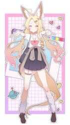  1girl absurdres alternate_costume animal_ears bag black_skirt blue_archive bow bowtie choker clothes_around_waist collared_shirt dress_shirt fox_ears fox_tail full_body gyaru gyaru_v hair_ornament hairclip heart highres jacket jacket_around_waist long_hair looking_at_viewer loose_socks orange_eyes pink_choker pleated_skirt red_bow red_bowtie s10021 school_bag school_uniform seia_(blue_archive) shirt skirt socks solo tail ufo v white_shirt 