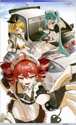  3girls absurdres ahoge apron aqua_eyes aqua_hair bento black_bridal_gauntlets bridal_gauntlets checkered_clothes checkered_dress chinese_commentary commentary_request double-parted_bangs dress drill_hair frilled_apron frilled_dress frills hair_between_eyes hand_on_own_hip hatsune_miku highres holding holding_bento kagamine_rin kasane_teto long_hair maid maid_headdress multiple_girls open_mouth outstretched_arm short_dress short_hair short_sleeves sleeveless sleeveless_dress thigh-highs twin_drills twintails utau very_long_hair vocaloid white_apron white_thighhighs xinggong_shili yellow_dress zettai_ryouiki 